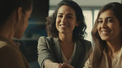 Professional Workplace Female Women: Hispanic Teachers Greeting with Confidence Friendliness in Business Setting, Diversity Equity Inclusion DEI Celebration (generative AI