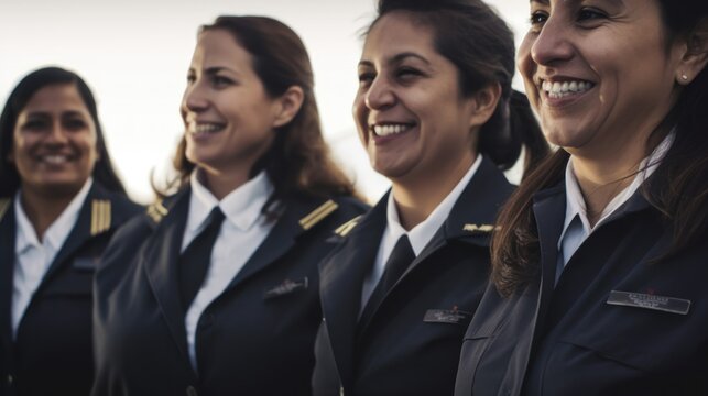 Professional Workplace Female Women: Hispanic Air traffic controllers Greeting with Confidence Friendliness in Business Setting, Diversity Equity Inclusion DEI Celebration (generative AI