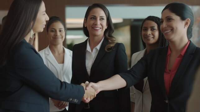 Professional Workplace Female Women: Hispanic Hotel managers Greeting with Confidence Friendliness in Business Setting, Diversity Equity Inclusion DEI Celebration (generative AI