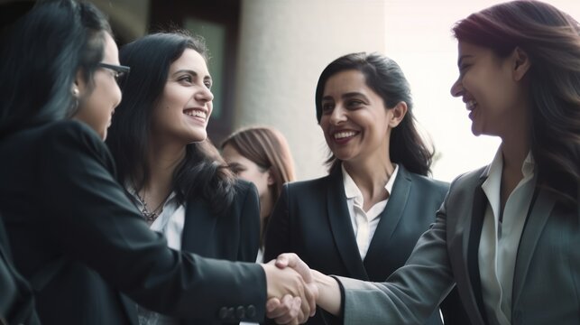 Professional Workplace Female Women: Hispanic Lawyers Greeting with Confidence Friendliness in Business Setting, Diversity Equity Inclusion DEI Celebration (generative AI