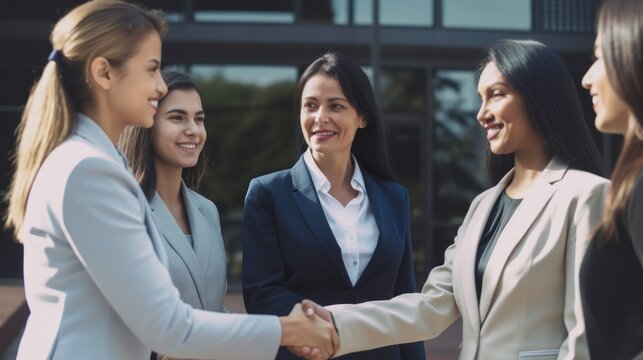 Professional Workplace Female Women: Hispanic Lawyers Greeting with Confidence Friendliness in Business Setting, Diversity Equity Inclusion DEI Celebration (generative AI