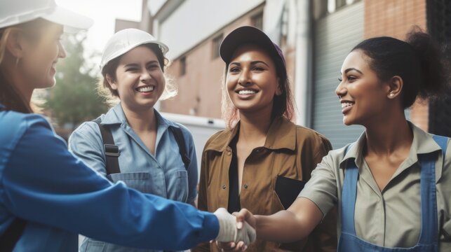 Professional Workplace Female Women: Hispanic Plumbers Greeting with Confidence Friendliness in Business Setting, Diversity Equity Inclusion DEI Celebration (generative AI