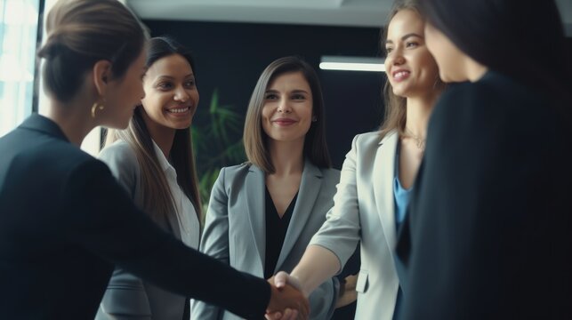 Professional Workplace Female Women: Hispanic Secretarys Greeting with Confidence Friendliness in Business Setting, Diversity Equity Inclusion DEI Celebration (generative AI
