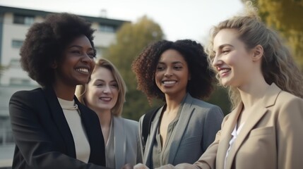 Obraz premium Professional Workplace Female Women: Multiracial Actors Greeting with Confidence Friendliness in Business Setting, Diversity Equity Inclusion DEI Celebration (generative AI