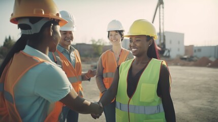 Professional Workplace Female Women: Multiracial Construction workers Greeting with Confidence Friendliness in Business Setting, Diversity Equity Inclusion DEI Celebration (generative AI