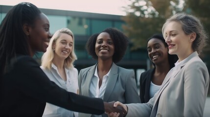 Obraz premium Professional Workplace Female Women: Multiracial Consultants Greeting with Confidence Friendliness in Business Setting, Diversity Equity Inclusion DEI Celebration (generative AI