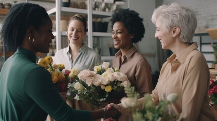 Professional Workplace Female Women: Multiracial Florists Greeting with Confidence Friendliness in Business Setting, Diversity Equity Inclusion DEI Celebration (generative AI
