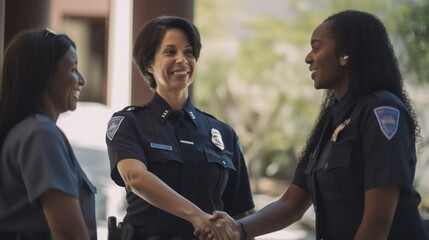 Professional Workplace Female Women: Multiracial Police officers Greeting with Confidence Friendliness in Business Setting, Diversity Equity Inclusion DEI Celebration (generative AI