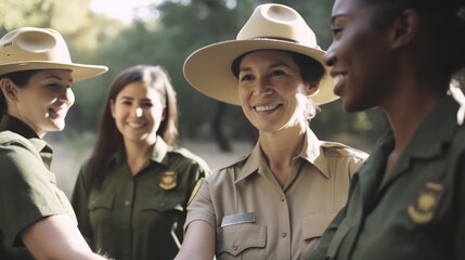 Professional Workplace Female Women: Multiracial Park rangers Greeting with Confidence Friendliness in Business Setting, Diversity Equity Inclusion DEI Celebration (generative AI