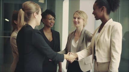 Professional Workplace Female Women: Multiracial Secretarys Greeting with Confidence Friendliness in Business Setting, Diversity Equity Inclusion DEI Celebration (generative AI
