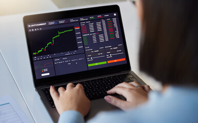 Stock market, finance chart and woman on laptop for crypto, trading analysis and bitcoin screen. Fintech growth, ecommerce and girl on computer for financial statistics, profit and online investment