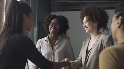 Professional Workplace Female Women: Multiracial Software developers Greeting with Confidence Friendliness in Business Setting, Diversity Equity Inclusion DEI Celebration (generative AI