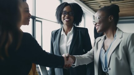 Professional Workplace Female Women: African American Black Accountants Greeting with Confidence Friendliness in Business Setting, Diversity Equity Inclusion DEI Celebration (generative AI