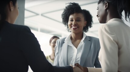 Professional Workplace Female Women: African American Black Air traffic controllers Greeting with Confidence Friendliness in Business Setting, Diversity Equity Inclusion DEI Celebration (generative AI