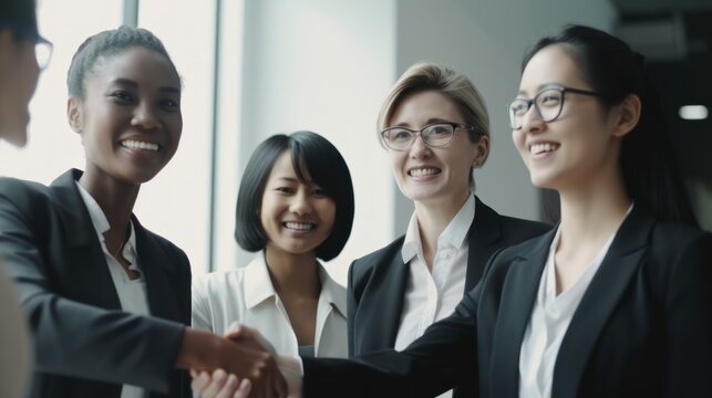 Professional Workplace Female Women: Multiracial Accountants Greeting with Confidence Friendliness in Business Setting, Diversity Equity Inclusion DEI Celebration (generative AI