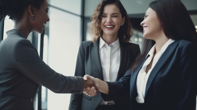 Professional Workplace Female Women: Multiracial Lawyers Greeting with Confidence Friendliness in Business Setting, Diversity Equity Inclusion DEI Celebration (generative AI