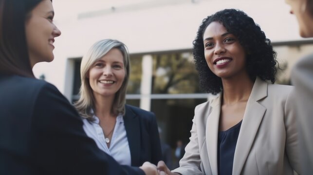 Professional Workplace Female Women: Multiracial Social workers Greeting with Confidence Friendliness in Business Setting, Diversity Equity Inclusion DEI Celebration (generative AI