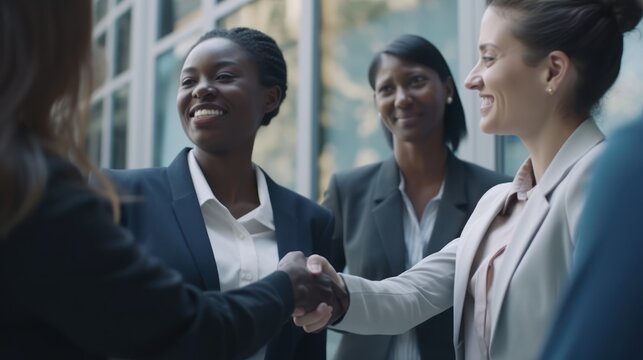 Professional Workplace Female Women: Multiracial Zoologists Greeting with Confidence Friendliness in Business Setting, Diversity Equity Inclusion DEI Celebration (generative AI