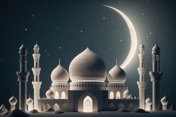 A mosque with a moon in the background. Generative AI