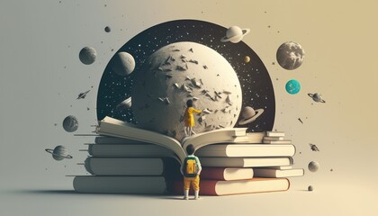 Knowledge and science children with books artistic graphic collage - Generative AI illustration