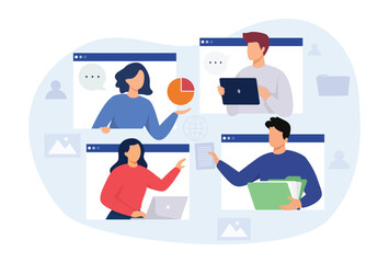 Remote meeting concept illustration. Video call conference. Online meeting. Digital communication. Vector illustration.