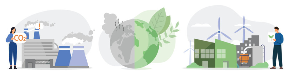 Climate change concept. Clean factory with renewable energy and coal power station producing CO2 emission pollution. Vector illustration.