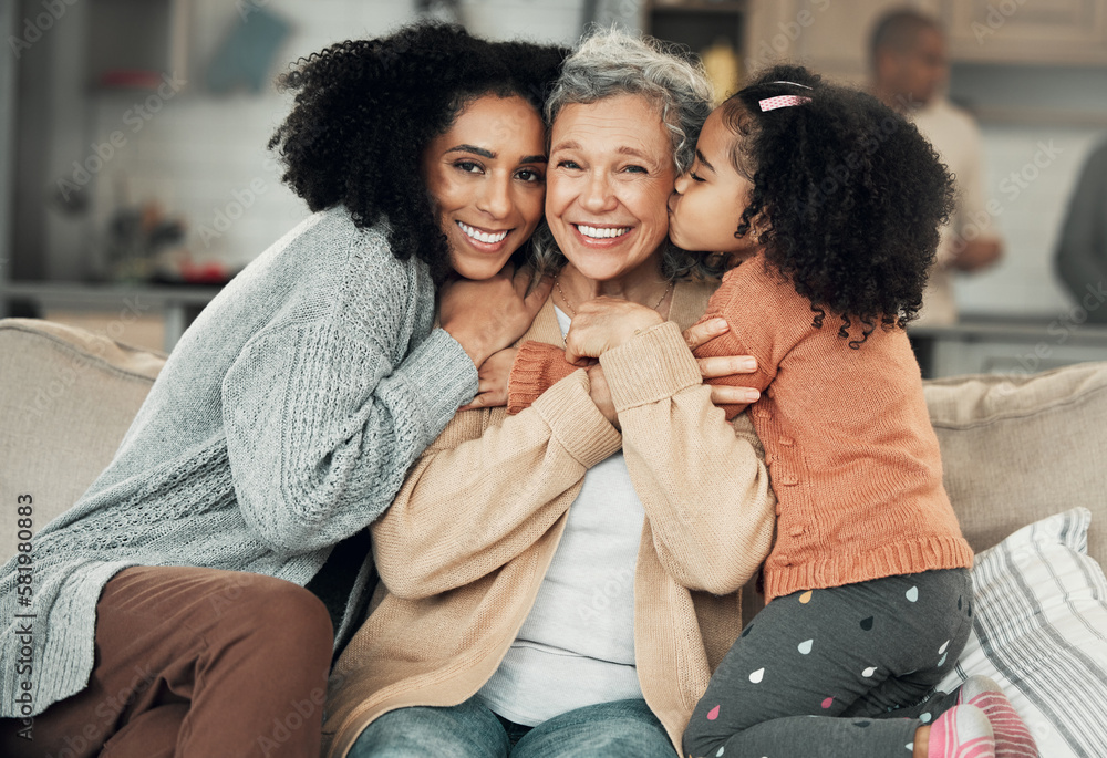 Canvas Prints Kiss, portrait and grandmother with girl and woman on a sofa, hug and happy in their home together. Kissing, face and excited senior woman with adult daughter and grandchild on couch, bond and smile