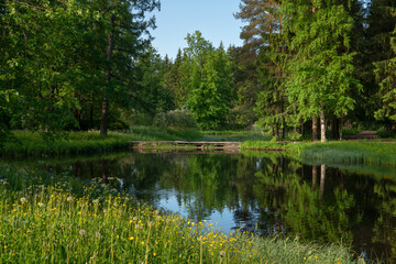 View of the the Upper Ponds in the Catherine Park of Tsarskoye Selo on a sunny summer day, Pushkin, St. Petersburg, Russia