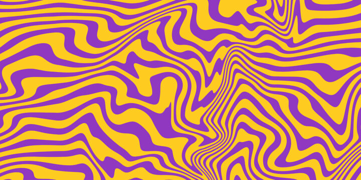 Retro groovy background. Vintage trippy psychedelic wallpaper. Purple yellow liquid hippie texture. Colorful wavy pattern for poster in 60s or 70s style. Vector
