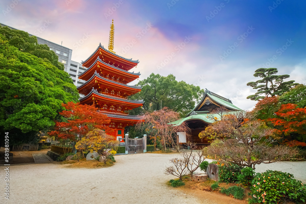 Wall mural Fukuoka, Japan - Nov 30 2022: Tochoji Temple located in Hakata district. First built by Kobo Daishi by the sea, moved to current place by Kuroda Tadayuki, designated a historical site by Fukuoka City