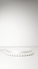 白背景とパールの飾りがついた台座。高級感のある背景素材。（縦長）