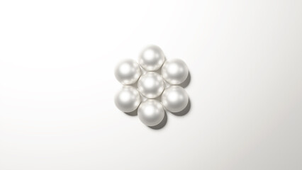白背景に7つのパールが置かれた背景素材。高級感のある背景素材。（横長）（俯瞰）
