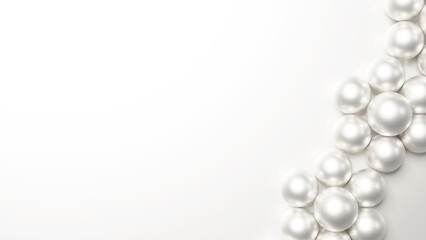 白背景に花のようなパールの飾りが置かれた背景素材。高級感のある背景素材。（横長）（俯瞰）
