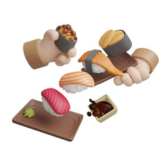 3d sushi with a hand illustration for japan cuisine or sushi restaurant to make menu collection 1