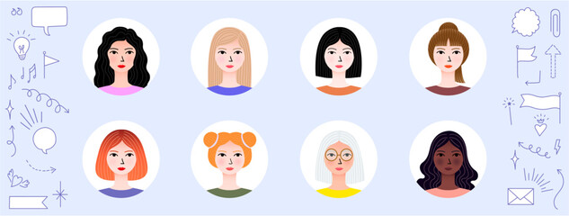Set Woman profile with hand-drawn elements. Flat design. Vector illustration.	