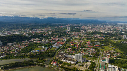 Aerial drone of Kota Kinabalu is the state capital of Sabah, Malaysia. Borneo.