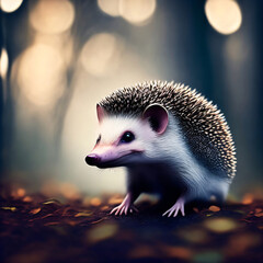 Fototapeta premium Little hedgehog in a foggy forest, cold and snow, generative AI technologies