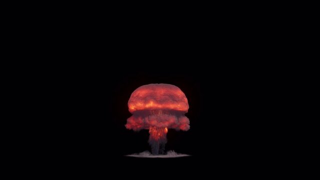 explosion of a nuclear bomb. Realistic 3D animation of atomic bomb explosion with fire, smoke and mushroom cloud in front of a alpha channel 4k.