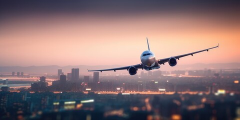 Fototapeta na wymiar Airplane In Flight At Twilight With Blurred Cityscape. Generative AI