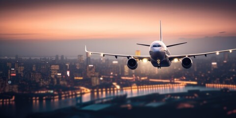 Fototapeta premium Airplane In Flight At Twilight With Blurred Cityscape. Generative AI