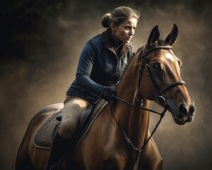 Fototapeta na wymiar Female rider on beautiful horse running gallop, Generative AI 