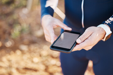 5g, phone screen and nature, hands of man at rest stop in countryside looking at direction or map information online. Mobile, fitness app and smartphone, cyclist on internet search for gps location.