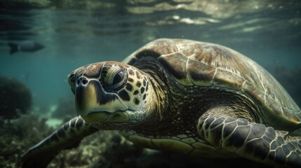 green happy smiling sea turtle swimming underwater, Portrait. Generative AI