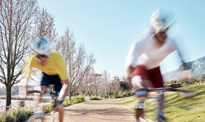 Race, cycling and speed with men in park for training, motion blur and cardio workout. Marathon,...