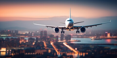 Fototapeta na wymiar Airplane In Flight At Twilight With Blurred Cityscape. Generative AI