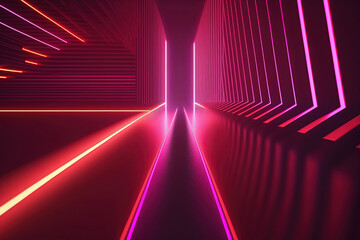 Wall with red and pink neon led light shapes. Abstract dark glow