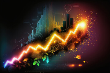 Green economy chart on dark colorful neon background. AI