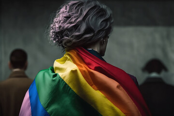 Fototapeta premium Back view of woman with a rainbow flag, LGBT concept. Generative AI