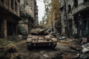 AI generated a frontal view of a tank driving through a totally destroyed and devastated by war city - obrazy, fototapety, plakaty