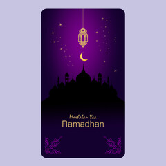 Ramadan mubarak luxury elegant template design. With silhouette mosque, crescent moon, gradient background. Vertical template for social media post, posters, flyers, wallpaper. Vector Illustrations
